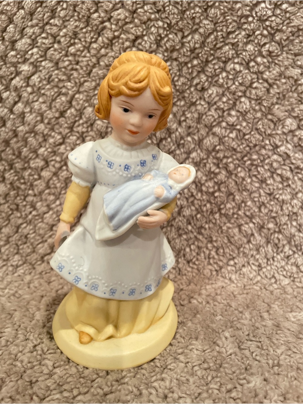 Vintage Avon Porcelain Girl Figurine Holding Baby - White & Yellow